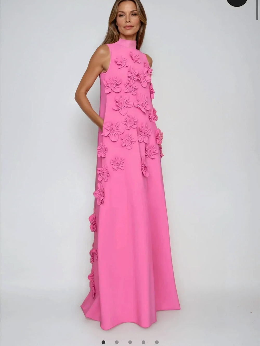 High-Neck Pink Maxi Dress with 3D Floral Accents